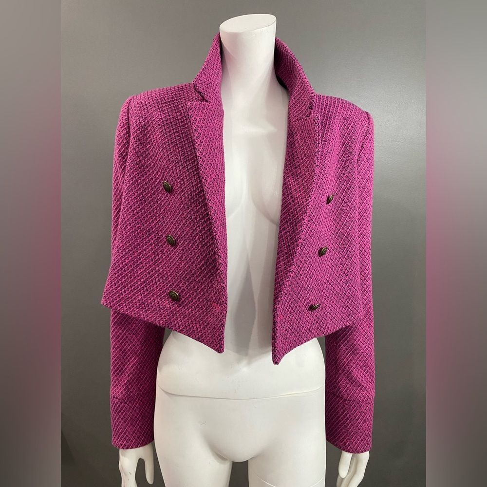 Zara pink textured tweed double-breasted cropped blazer Size L